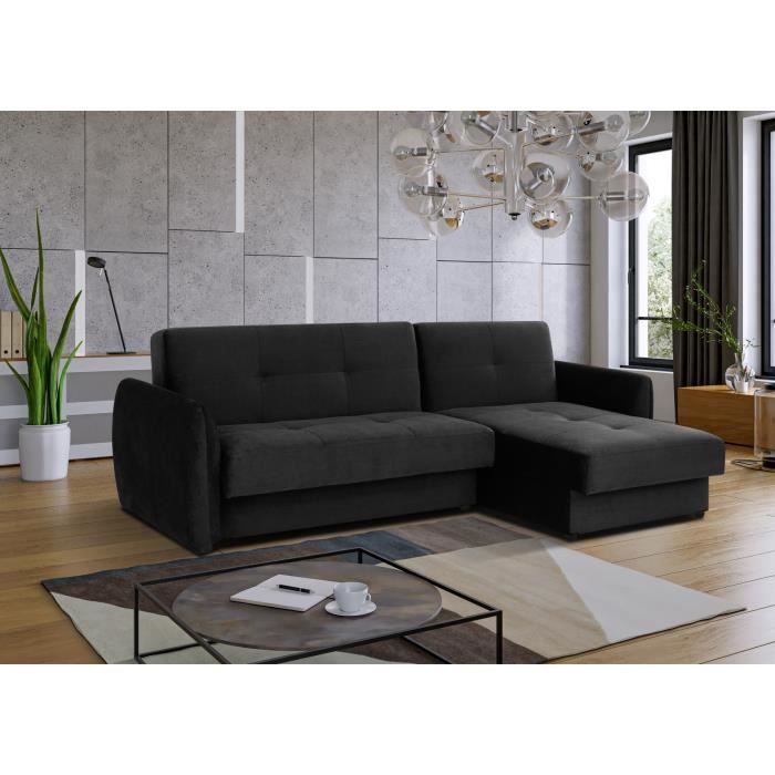Canapé d'angle convertible KAIN avec coffre de rangement tissu noir