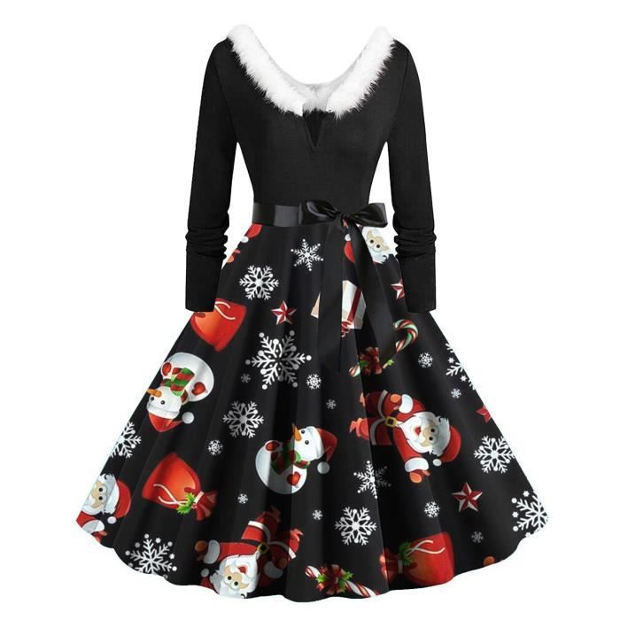 ROBE Femmes No?�l Robe Vintage Imprimer Ruffle Col en V avec Ceinture D?�contract?�e Manches 