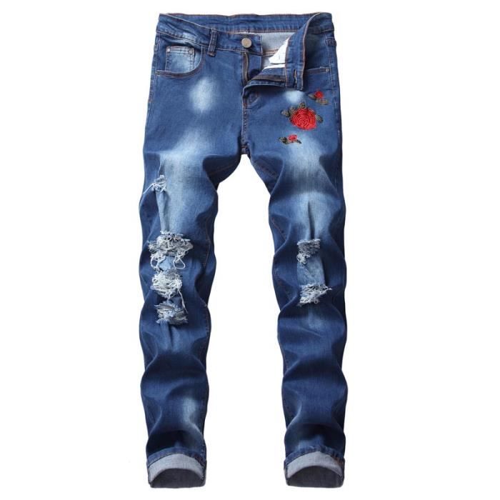 Jeans dechires broderie homme INSFITY slim fit stretch effet delave bleu Bleu Cdiscount Pret a Porter