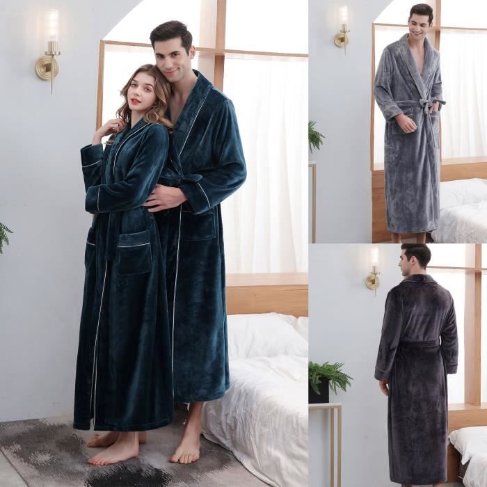 Peignoir Homme Épais En Flanelle Polaire - Long, Chaud, Pour Automne Et Hiver, Confortable à La Maison