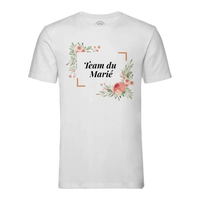 T-shirt Homme Col Rond Blanc Team du Marié Mariage Fiancée Cadre Floral