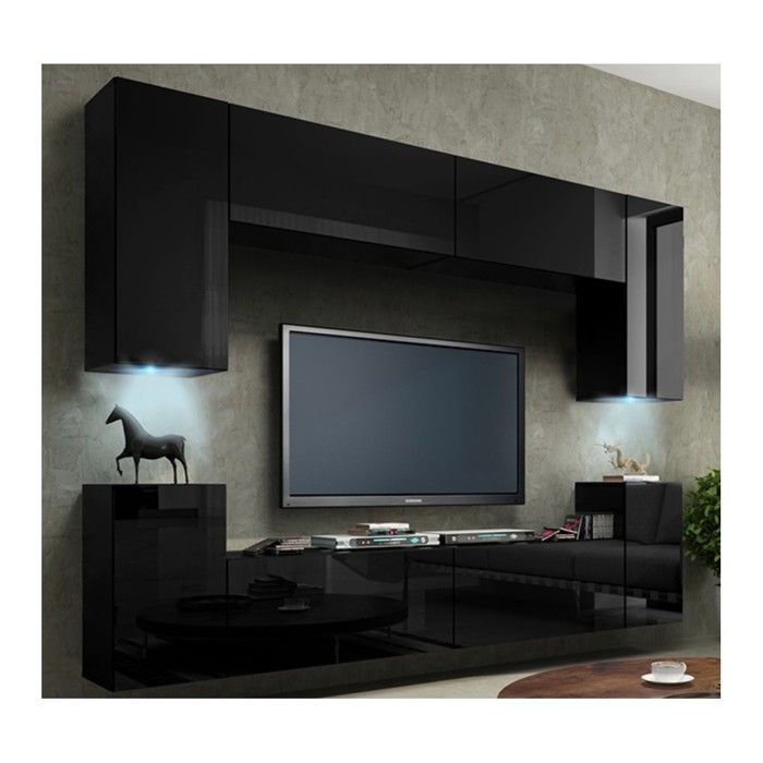Meuble TV suspendu 240cm collection CEPTO 4 portes coloris noir brillant. Meuble TV suspendu 240cm collection CEPTO 4 portes coloris noir brillant.