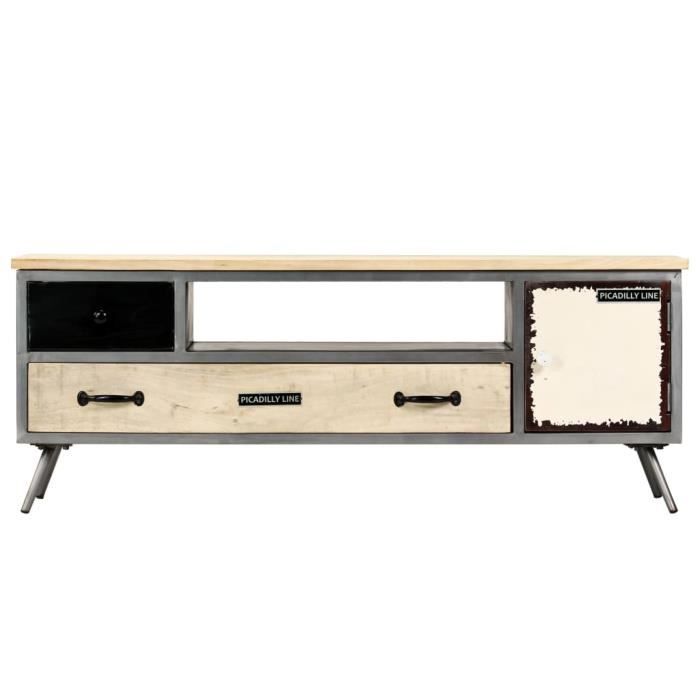 Harim CATV170 - Meuble TV Bas - 150 X 40 X 61 Cm (l X P X H) - Turquoise - En Bois Massif Sculpté Avec Incrustations En Laiton - Style Vintage - Style