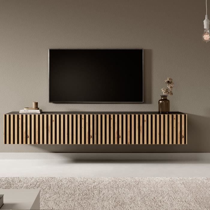 Meuble Tv - Noir avec façade en chêne artisanal - Telire - 175 x 316 x 30