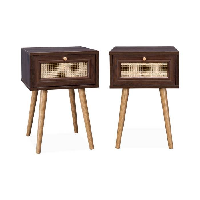 Lot de 2 tables de chevet décor bois foncé et cannage avec 1 tiroir