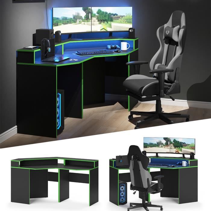 Ensemble de mobilier informatique - VICCO - Kron noir vert - Bureau d'angle - Grande surface de travail