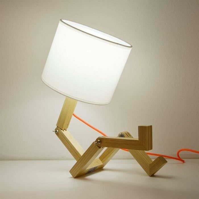 Lampe de table LED en bois robot articulée créative avec abat-jour en tissu blanc pour chambre détude de chevet de jeunes enfants