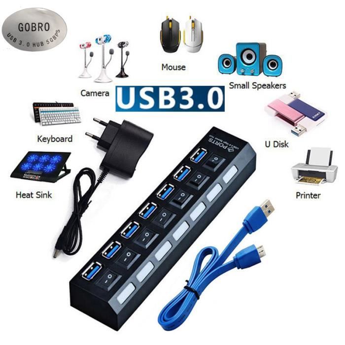 HUB USB 2.0 7 Ports Multiprise Multi Chargeur Câble pour Pc Laptop ON/OFF  Noir - Cdiscount Informatique