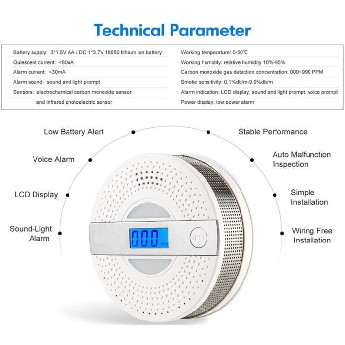 Détecteur de fumée et de monoxyde de carbone - RICEEL - 2 en 1 - Sans fil - Alarme 85 db - Installation facile