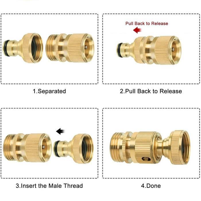 4 Raccords De Tuyau D'Arrosage En Laiton 1/2" | Double Connecteur Mâle/Femelle, Compatible Gardena, Pour Jardin - 4