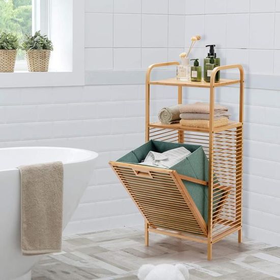 kleankin Meuble de salle de bain avec panier bac à linge basculant en  bambou et MDF - dim. 40L x 30l x 86,5H cm