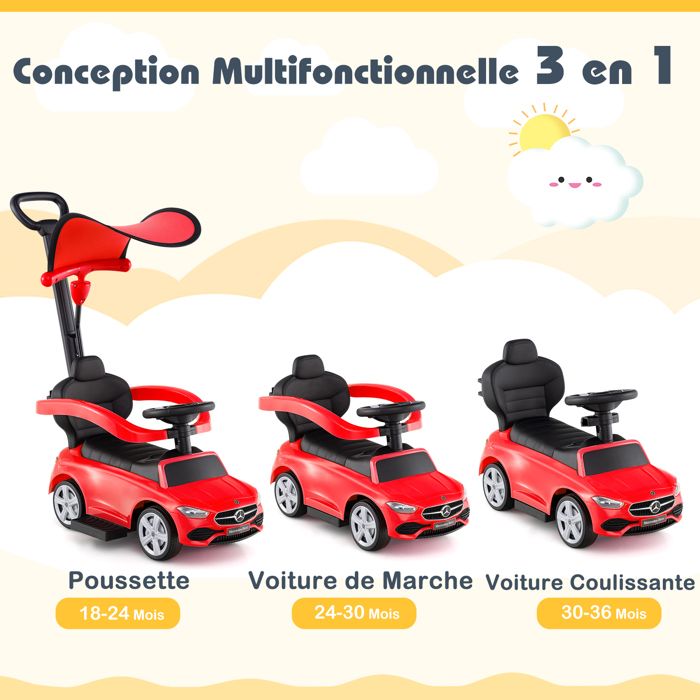 COSTWAY Mercedes Benz 3 En 1 Porteur Enfants Avec Canopy Réglable, Barre De Direction Klaxon Pour 18 36 Mois Charge 25kg Rouge