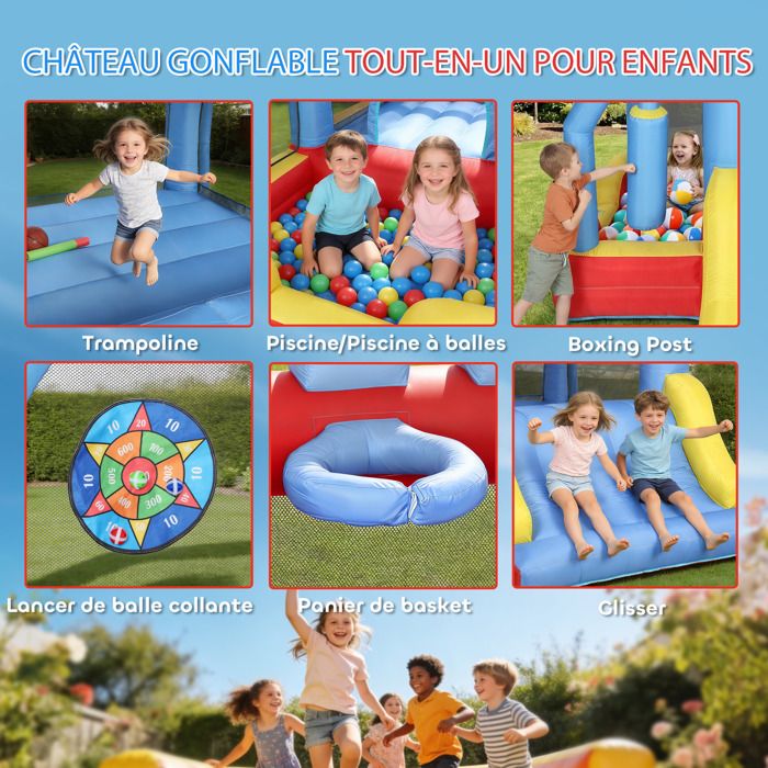 Château Gonflable AIYAPLAY 5-en-1 – Toboggan, Trampoline, Piscine à Balles, Panier De Basket, Poteau De Frappe – Avec Souffleur 350W – Pour Intérieur/extérieur, 3-8 Ans