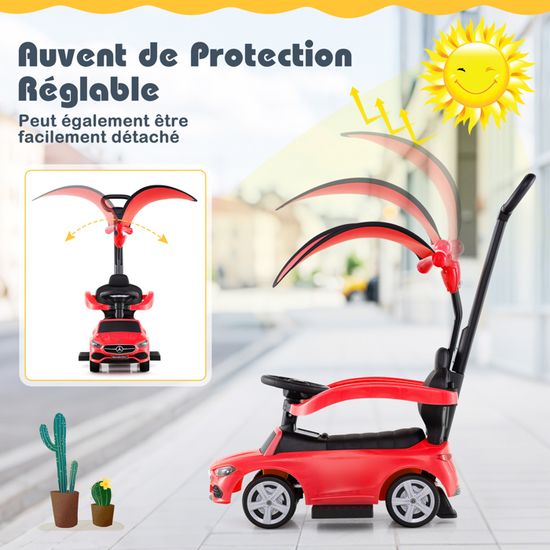 Voiture Poussée 3 en 1 Mercedes Benz pour Enfants, Auvent Ajustable, Klaxon, Son de Démarrage
