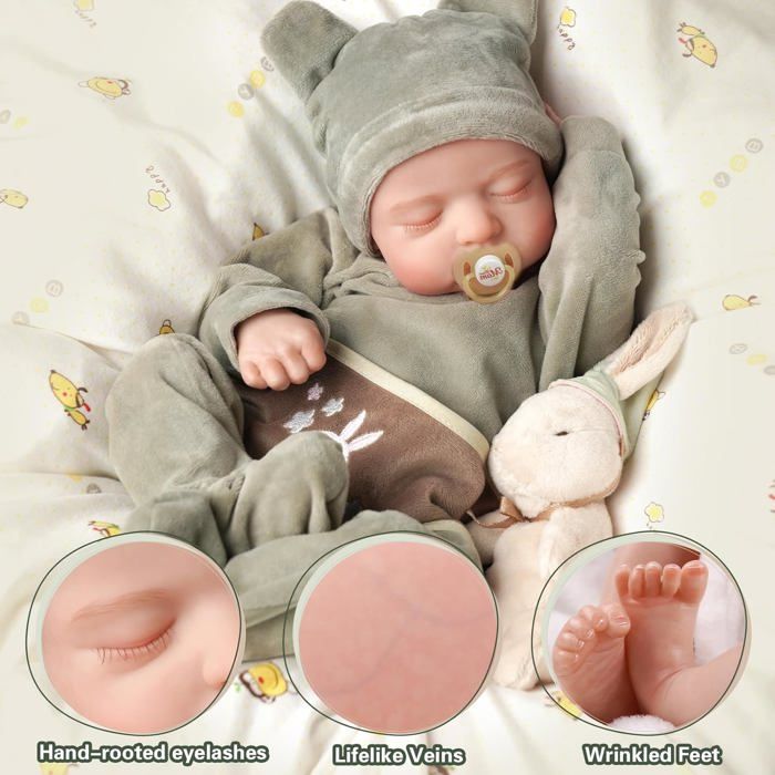 Poupée Reborn Fille Nouveau-né, 45cm, Yeux Fermés Endormie, Réaliste, Vinyle, Brune