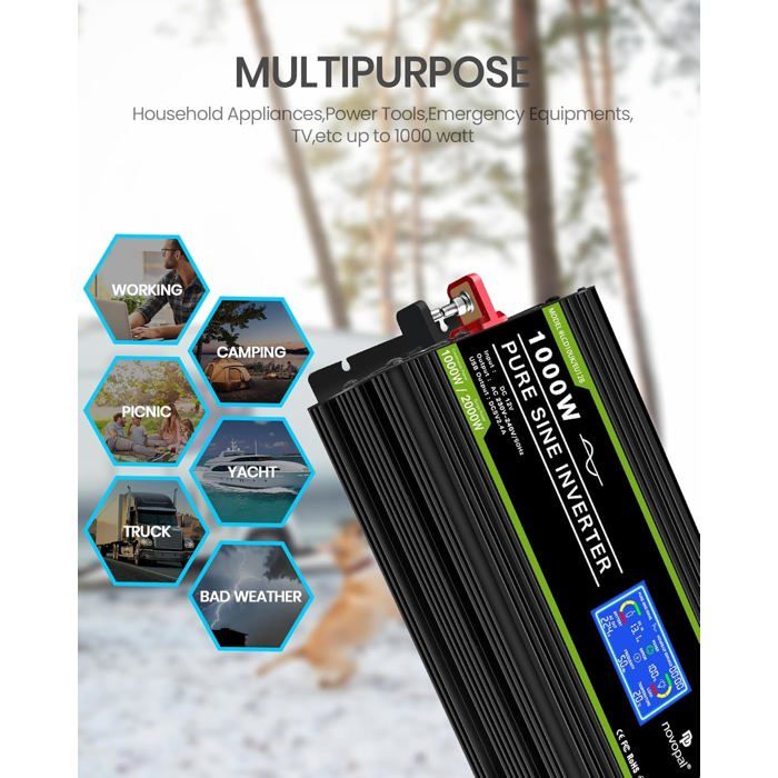 Solartronics Convertisseur De Tension FS1000D 24V 1000/2000 Watt Pur Sinus Bleu Avec Affichage FS Série Onduleurs Onduleur