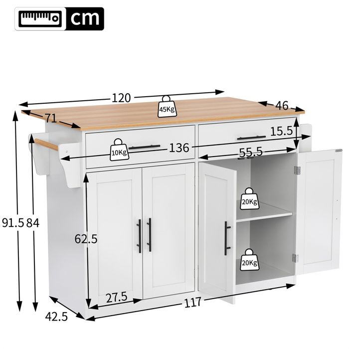 Îlot De Cuisine Mobile Avec Tiroir Et Plan Extensible - Roues Avec Freins, Rangement Double Porte, Blanc/naturel