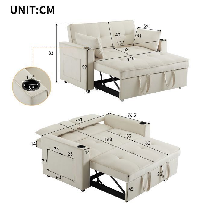Canapé Convertible 2 Places En Tissu Lin - Devient Lit 180x90cm - Accoudoirs Amovibles - Structure Bois Et Métal - Beige