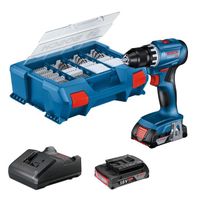 Perceuse-visseuse Bosch professional GSR 18V + 2 batteries 2,0Ah + chargeur + 82 pièces, en L-Case