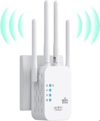 Répéteur WiFi 5G 1200 Mbps – Double Bande 2,4/5 GHz – 4 Antennes – 2 Ports LAN – Installation Simple – Pour Maison, Bureau