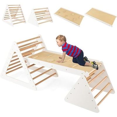 Triangle D'Escalade Montessori 7 En 1 Pliable - Double Rampe, Escabeau Avec Tableau Noir, Table Et Chaise, Tour D'Apprentissage - Pour Enfants 3-14 Ans (Naturel)