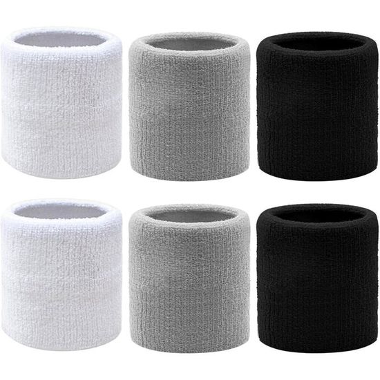 6 Serre-Poignets Sport - Absorbants, 15x8cm, Gris/Noir/Blanc, Pour Yoga/Basket/Jogging