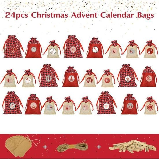 Sac Calendrier De L'avent, 24 Calendrier De L'avent A Remplir Soi Meme, Sac En Tissu De Calendrier De L'avent De Noël, Sac Surprise, Rouge/Gris | Leroy Merlin