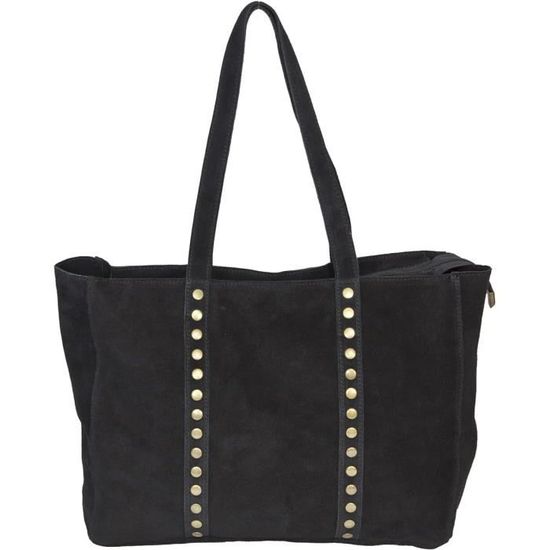 Sac Cabas Noir En Cuir Et Daim - Porté épaule, Occasion Bon état (manque Un Bouton)