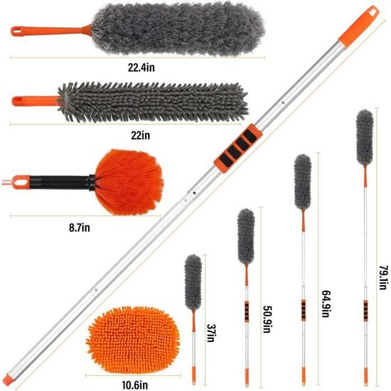 Plumeau Telescopique 254cm, Tete De Loup Telescopique Microfibre Pliable Flexible Poigne En Acier Inoxydable Lavable Parfait Pour Nettoyage Des Venti