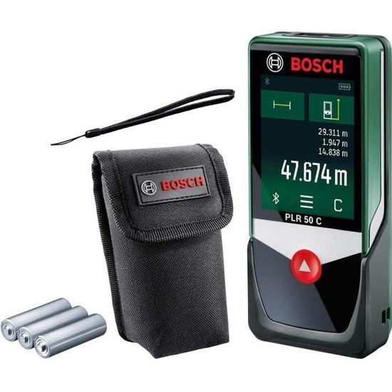 Télémètre Laser Connecté Bosch - PLR 50 C (Portée 50m, livré avec piles et housse de rangement, écran Tactile, connexion Bluetooth)