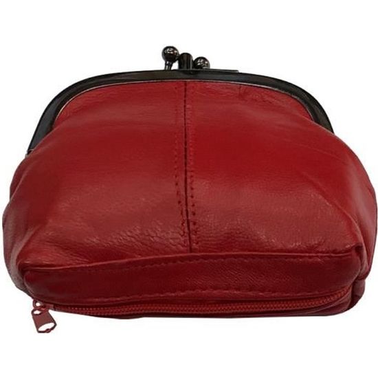 Porte monnaie bourse femme cuir véritable souple, fermoir clic-clac modèle retro, 3 compartiments dont 1 fermeture -Rouge-LOLUNA®