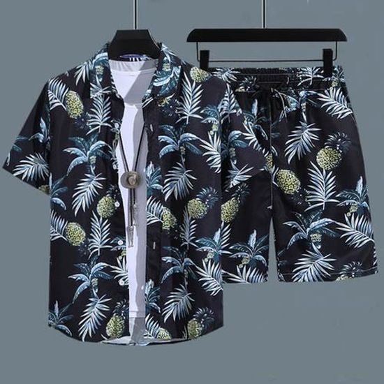 Chemise Homme Manches Courtes Motif Citron Hawaïen - Tissu Respirant, Boutonnée, Avec Poche - Style Décontracté été