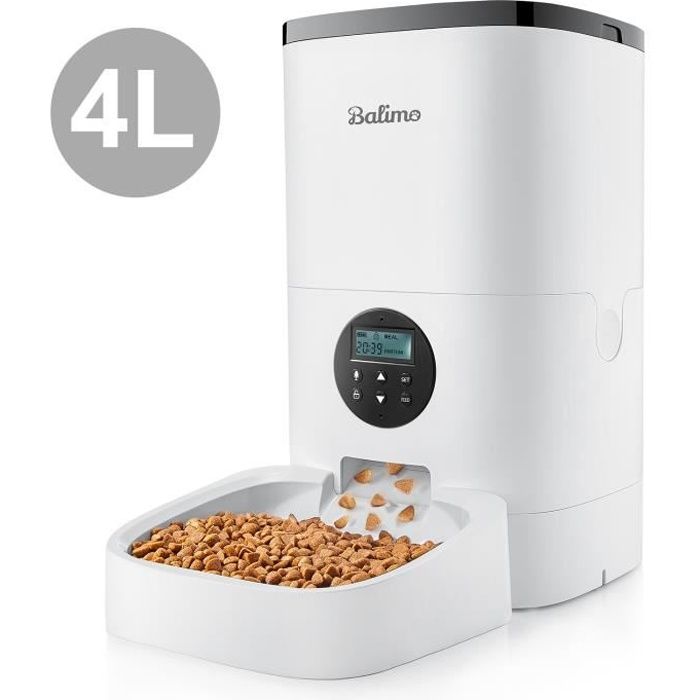 4L Distributeur Automatique de Nourriture pour Chat et Chien, Distributeur de Croquette Gamelle 4 Repas par Jour Avec LED écran
