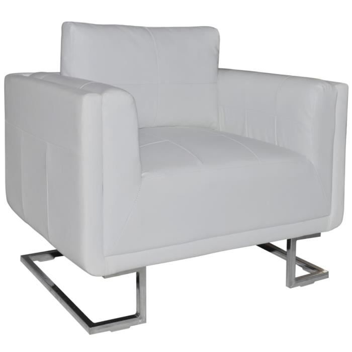 Fauteuil Cube - avec Pieds chromés Cuir synthétique - Chaise,Meubles,Fauteuil Cabriolet,Salon,Maison(Blanc, 85,5 x 63 x 74 cm)