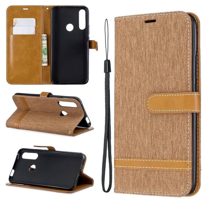 VoiceMe PU Cuir et Silicone Souple Denim Portefeuille Magnétique Support Dragonne Housse Étui Pour Huawei P Smart Z -Marron
