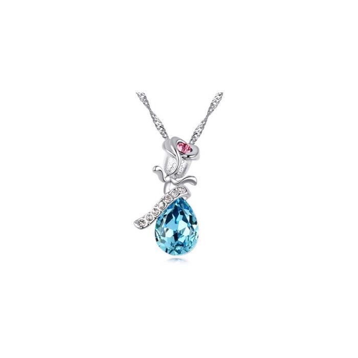 Collier Rose en Cristal de Swarovski Element Bleu, Rose, Blanc et Plaqué Or Blanc