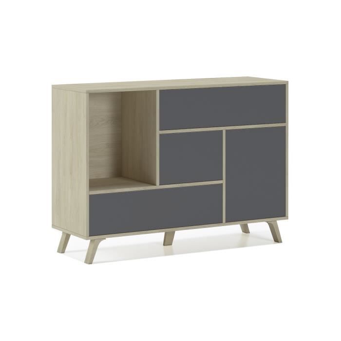 Buffet WIND 1 porte, 3 tiroirs, structure de couleur Puccini, porte et tiroirs de couleur Gris Anthracite, 120x40x86cm.