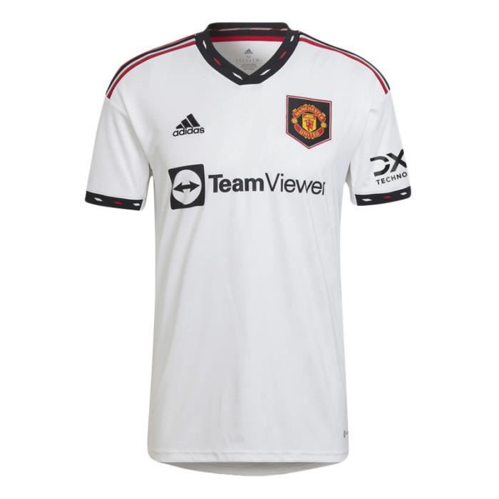 Maillot adidas Originals EXTERIEUR MANCHESTER UNITED - Réf. H13880. Couleur : Blanc. Détails. - Col en V côtelé. - Coupe régulière.