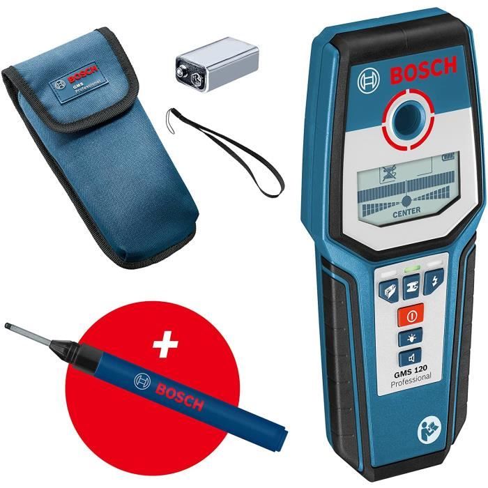 Bosch Professional Détecteur Mural GMS 120 (Marqueur de Trous de Percage, Détection Maxi Bois/Métaux Magnétiques/Métaux Non-Magnétiq