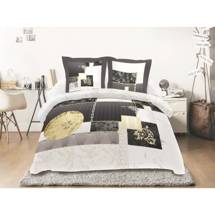 SOLEIL D'OCRE Parure de couette Coton WILLIAM - 1 Housse de couette 240x260 cm + 2 Taies d'Oreillers 63x63 cm - Gris et jaune
