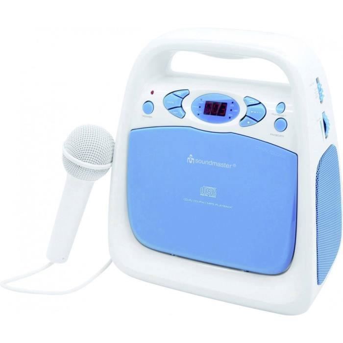 Lecteur CD pour enfants SoundMaster KCD 50 AUX, CD, FM, USB avec fonction karaoké, avec microphone bleu