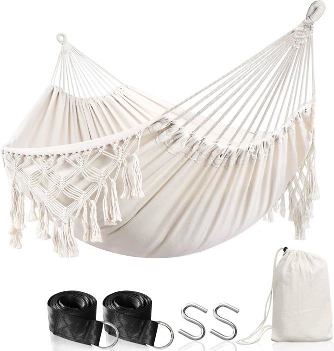 ANYOO Hamac de Jardin Exterieur Coton Hamac à Pampilles Macramé avec Sangles d'arbre, Hamac Compact Portable avec Sac de Transport pour Balcon Patio Porche Yard ANYOO Hamac de Jardin Exterieur Coton Hamac à Pampilles Macramé avec Sangles d'arbre, Hamac Compact Portable avec Sac de Transport pour Balcon Patio Porche Yard