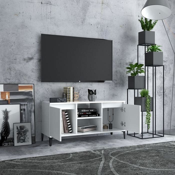 Meuble TV - Banc TV - Table TV - avec pieds en métal - Blanc - 103 5x35x50 cm - T349