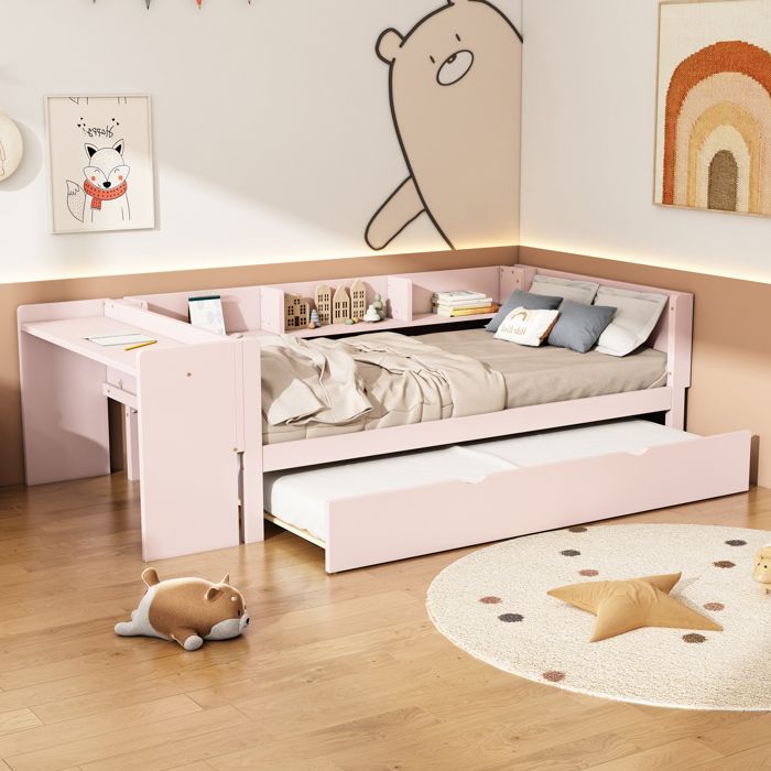 Structure de lit Nouveau Premium sense 90 * 200cm lit plat avec lit tiroir avec Bureau trois étagères à côté du lit rose