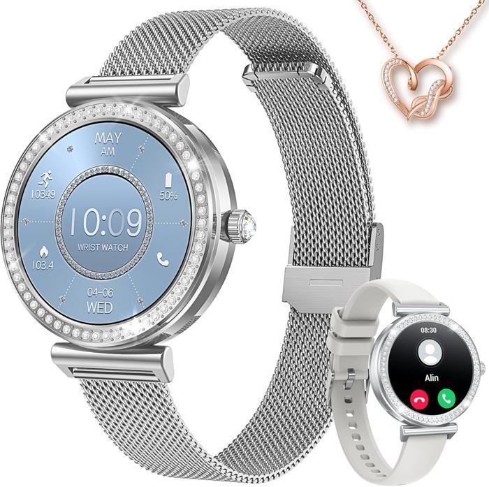 1.27 Étanche Écran Tactile Bracelet Connectee Avec Podomètre Fréquence Cardiaque Moniteur De Sommeil Fitness Tracker Ronde Argent