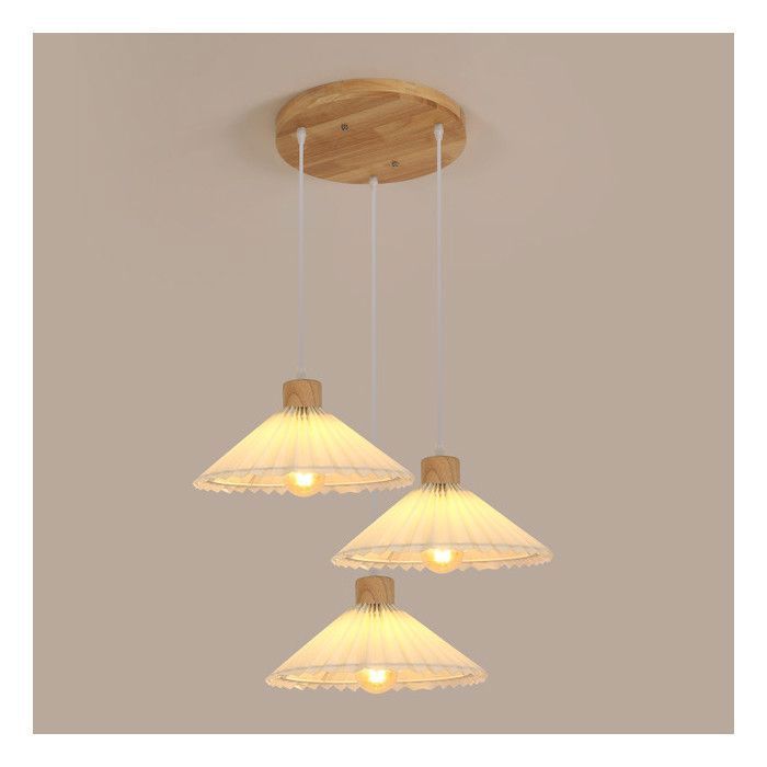 DELIPOP Suspension Luminaire Bois et Tissu E27 – Style 3 Lumières Plissé – Lustre Moderne pour Cuisine Salle à Manger – Bois Naturel