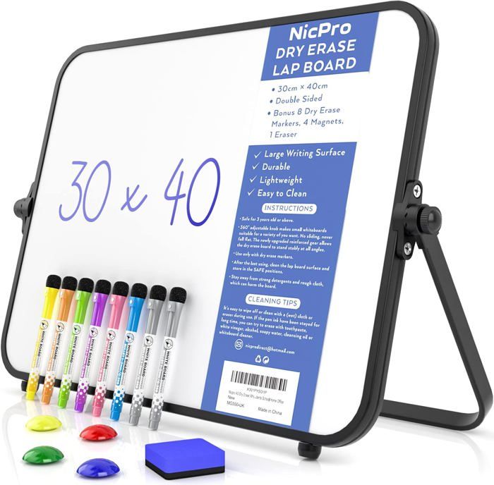 Tableau Blanc Magnétique 30x40cm Double Face - Avec 10 Marqueurs, 6 Aimants, 5 Gommes - Surface Effaçable Lisse - Pour Bureau, Classe, Maison
