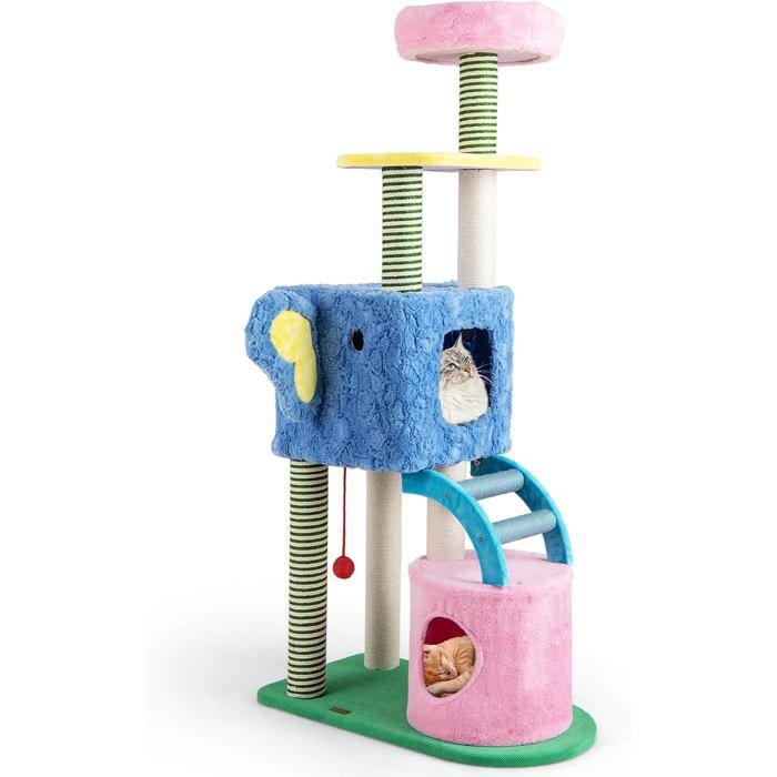 Meilleurs prix pour Arbre À Chat Multi-Niveaux 154 Cm Costway Sur Thème Des Éléphants, 2 Condos, Perchoir, Griffoirs, Échelle, Plate-Formes, Coussin