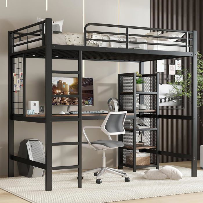 Lit mezzanine en fer 90 x 200 cm pour enfants et adolescents avec table et étagères à plusieurs étages noir