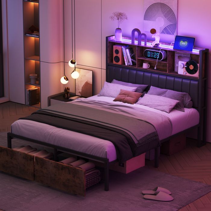 Cadre de Lit Double 140x200 cmLit avec 2 Rangement Tiroirs Tête de lit avec LED et Charge USB Lit Adulte avec sommier à Lattes
